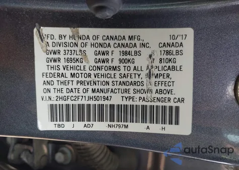 2018 Honda Civic Ex z USA, uszkodzony, nr VIN 2HGFC2F71JH501947